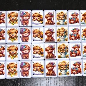 May include: Twenty-four white square tiles with colorful images of Highland cows. Each tile features a different design of a Highland cow with flowers, sunflowers, and other floral accents.