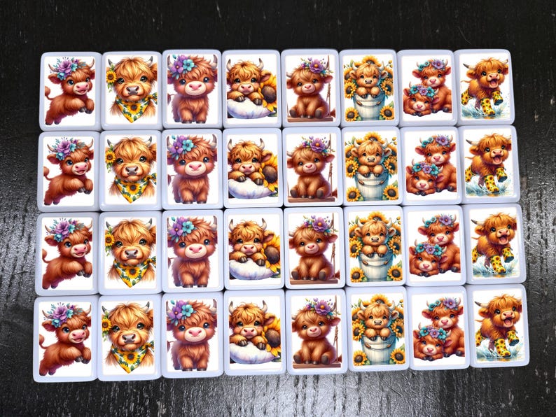 May include: Twenty-four white square tiles with colorful images of Highland cows. Each tile features a different design of a Highland cow with flowers, sunflowers, and other floral accents.