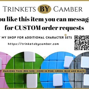 May include: A set of Mahjong tiles in pink, green, blue, and black. The tiles are regular size and are arranged in a grid pattern. The image also includes the text "TRINKETS BY CAMBER" and a QR code.