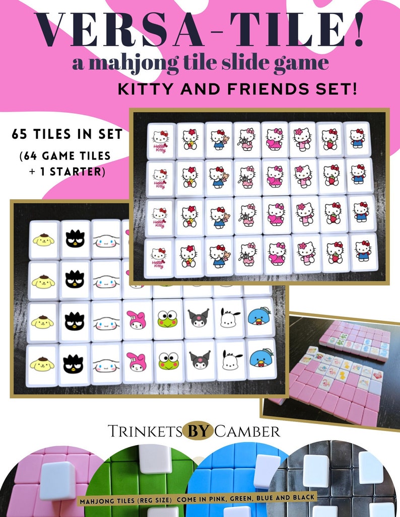 May include: A set of 65 mahjong tiles featuring Hello Kitty and friends. The tiles are white with colorful images of Hello Kitty, My Melody, and other characters. The tiles come in pink, green, blue, and black.