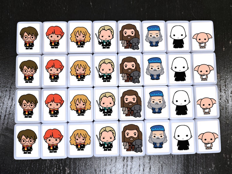 May include: A set of 36 white square tiles with colorful cartoon images of Harry Potter characters. Each tile features a different character, including Harry Potter, Ron Weasley, Hermione Granger, Draco Malfoy, and more. The tiles are perfect for playing a game of matching or for use as decorative accents.