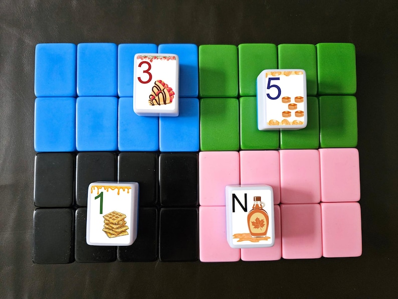 May include: Four square tiles with different images and numbers. The tiles are arranged in a 2x2 grid. The top left tile is blue and has a picture of a cake with the number 3 on it. The top right tile is green and has a picture of a stack of pancakes with the number 5 on it. The bottom left tile is black and has a picture of waffles with the number 1 on it. The bottom right tile is pink and has a picture of a bottle of maple syrup with the letter N on it.