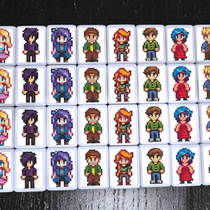 May include: A collection of white tiles, each featuring a pixelated character design. The characters are diverse, with varying hair colors and outfits, including dresses, jackets, and shirts. The tiles are arranged in a grid, suggesting a game or collectible item.