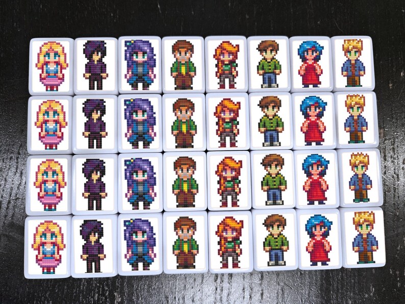 May include: A collection of white tiles, each featuring a pixelated character design. The characters are diverse, with varying hair colors and outfits, including dresses, jackets, and shirts. The tiles are arranged in a grid, suggesting a game or collectible item.