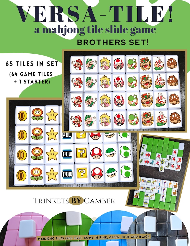 May include: A set of 65 mahjong tiles featuring characters from the Super Mario Bros. video game franchise. The tiles are white with colorful images of Mario, Luigi, Princess Peach, Toad, Yoshi, Bowser, and Donkey Kong. The tiles are arranged in a grid pattern and are labeled with the text "VERSA-TILE! a mahjong tile slide game BROTHERS SET!" and "TRINKETS BY CAMBER".