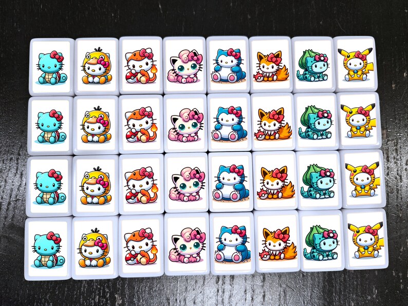 includes: 32 white tiles featuring Hello Kitty and Pokémon characters. Each tile shows Hello Kitty in various Pokémon costumes: Pikachu, Charmander, Bulbasaur, and Squirtle.  The tiles are arranged in a six-by-six grid, creating a colorful and playful pattern.  The characters are depicted in a cute, cartoon style.