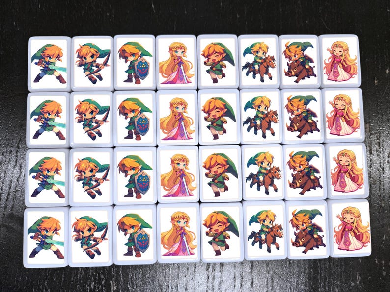 May include: A set of 24 white square tiles with images of characters from the Legend of Zelda video game series. The tiles feature Link, Zelda, and other characters in various poses and settings.