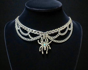 Goth Spider Choker, Stainless Steel Layered Chains