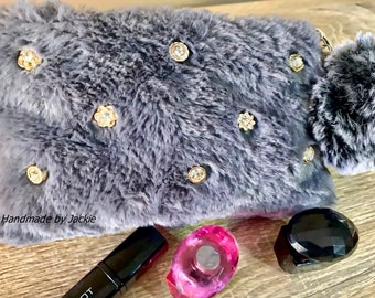 Handmade faux fur grey gem pouch, clutch bag, makeup bag, so lovely