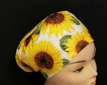 Women Surgical Cap Euro Close Fit Modern Sunflower Flower on Ivory   Medical Surgery Hat Doctor, Nurse, CRNA, Vet, Surgeon,  caps, OR caps