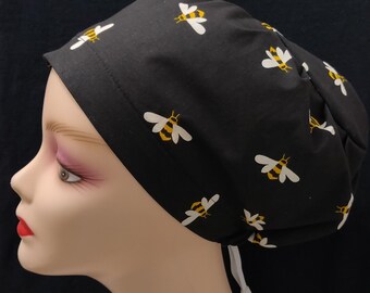 Women Surgical Cap Euro Close Fit Modern Happy Bee Honey Bee on Black Medical Surgery Hat Doctor, Nurse, CRNA, Vet, Surgeon,  caps, OR caps