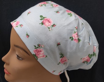 Women Surgical Cap Euro Close Fit Modern  Roses on Light Blue  Medical Surgery Hat Doctor, Nurse, CRNA, Vet, Surgeon,  caps, OR caps