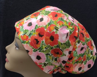 Women Surgical Cap Euro Close Fit Beautiful Red and Pink Poppy FlowerMedical Surgery Hat Doctor, Nurse, CRNA, Vet, Surgeon,  caps, OR caps