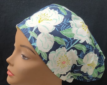 Women Surgical Cap Euro Close Fit Modern Gardenia Flower Blue Green  Medical Surgery Hat Doctor, Nurse, CRNA, Vet, Surgeon,  caps, OR caps