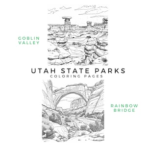 May include: Black and white line art illustration of Goblin Valley State Park in Utah, featuring a natural rock formation. Below is a black and white line art illustration of Rainbow Bridge National Monument in Utah, featuring a natural sandstone arch.