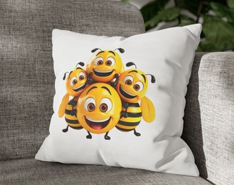 Square Poly Canvas Pillowcase With Group of Happy Bees