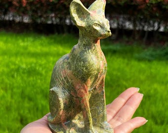 Gato sin pelo de unakita natural de 6 pulgadas, cristal de cuarzo, estatua de gato de cristal, talla de gato de cristal, decoración del hogar, sanación con cristales, regalo de cristal