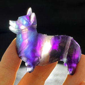2.2&#39;&#39; Natural Rainbow Fluorite Corgi,Crystal Corgi carved,Crystal Dog,Dogc figurine,Home decor,Crystal gift
