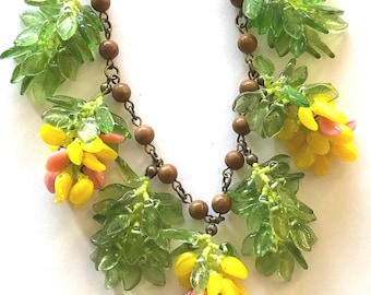 Elegant Handwoven Harlequin Lupine Glass Flower Necklace with Czech Wood and Jasper Beads