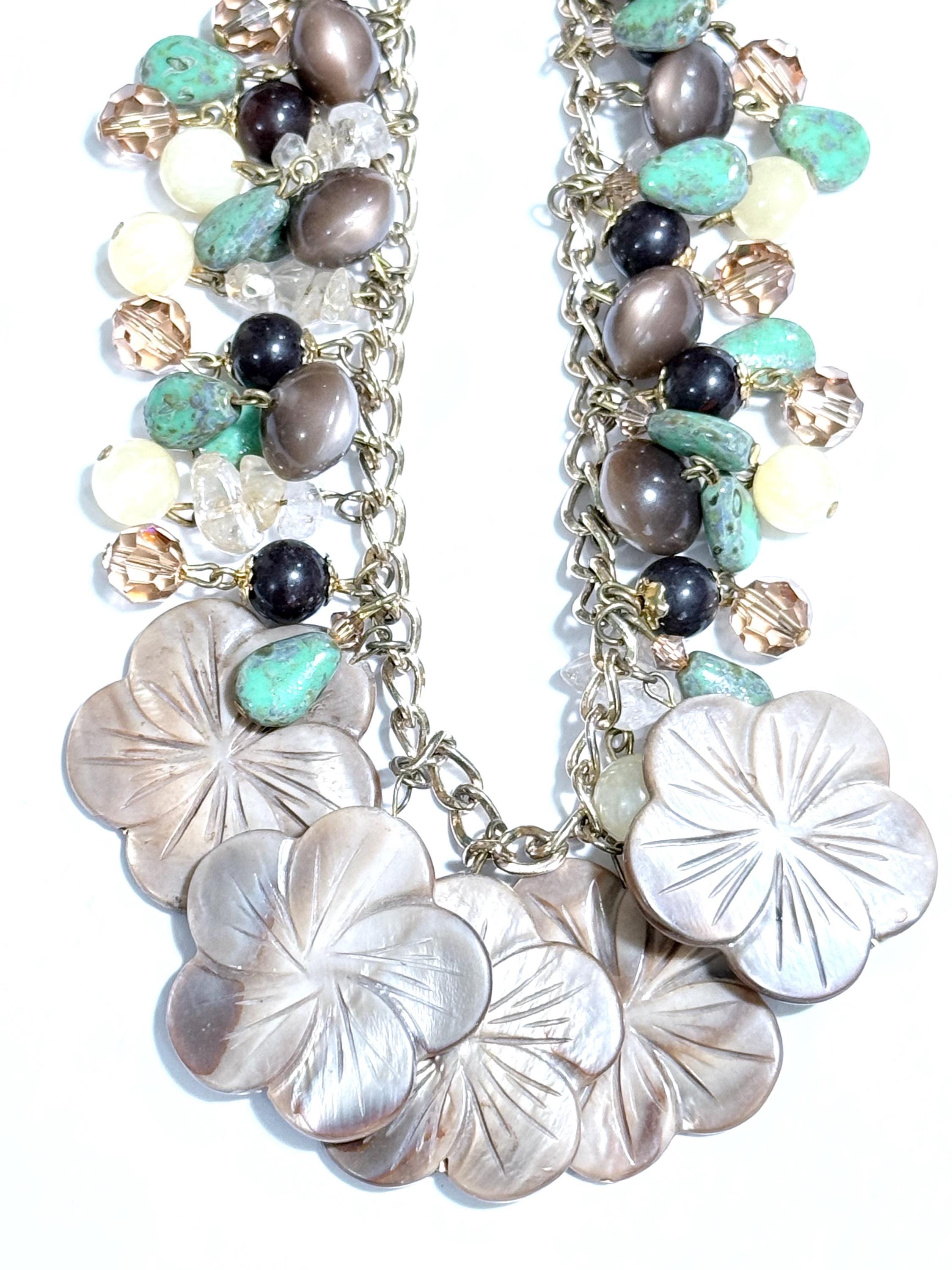 Heavily beaded necklace with mother of pearl carved flowers ON SALE!!
