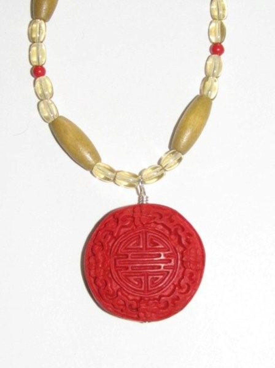 Asian design red round carved pendant necklace | Etsy