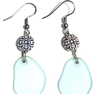 Aqua Blue Sea Glass Dangle Earrings with Ceramic Beads - Handcrafted Ocean-Inspired Jewelry