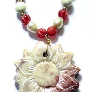 Exquisite Carved Marble Flower Pendant Necklace with Carnelian and Pearl - Artisan Gemstone Jewelry