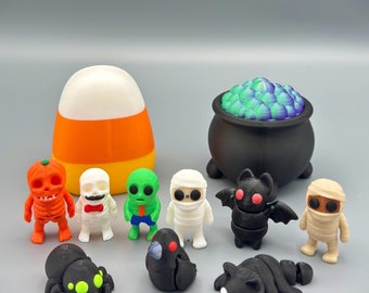 Candy Corn or Cauldron Halloween Container with 5 Mini Halloween Creatures - Spooky Decor & Collectibles