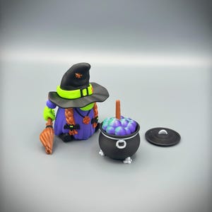 3D Printed Gnome Witch with Cauldron, Spoon and Broom - Designed by Flexi Factory - Unique Halloween Collectible - Fun & Flexible Desk Toy