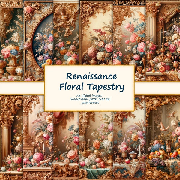 Opulent Renaissance Baroque Floral Still Life Digital Tapestry - Romantic Ornate Bouquets with Gilded Embellishments - Digital Print