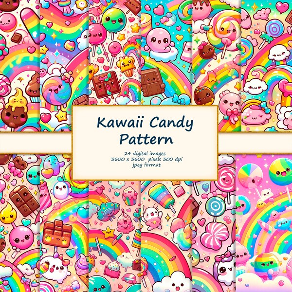 Whimsical Candy Land Kawaii Pattern, Sweet Treats Rainbow Digital Paper, Cute Repeating Character Design - Instant Download