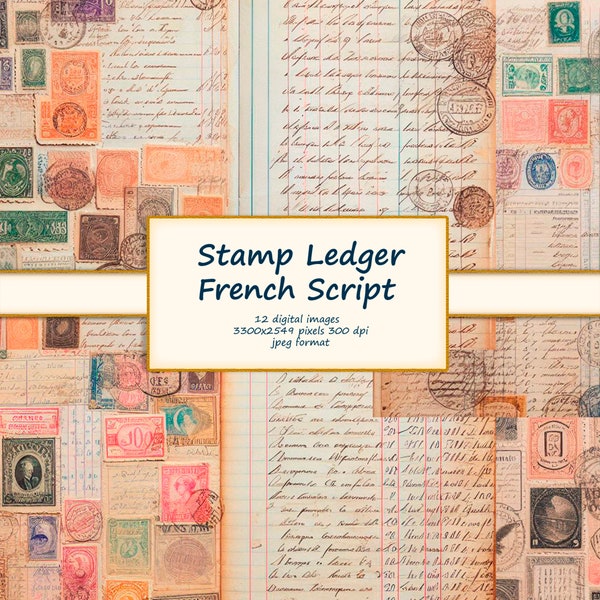 Vintage Distressed Ledger with Postage Stamps & French Handwritten Script - Two Page Spread for Junk Journal