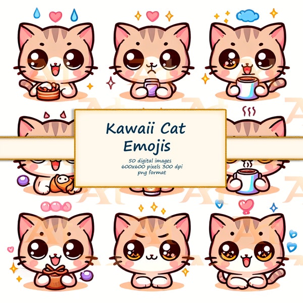 Adorable Kawaii Big-Eyed Cat Sticker Pack-50 PNG Stickers of Cute Kitty Conveying Joy, Sadness,Surprise,Anger,Coffee Love for Messaging Apps