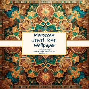 Carta da parati opulenta senza soluzione di continuità ispirata al Marocco: colori intensi e toni gioiello, motivi ornamentali di piastrelle islamiche e dettagli in filigrana dorata