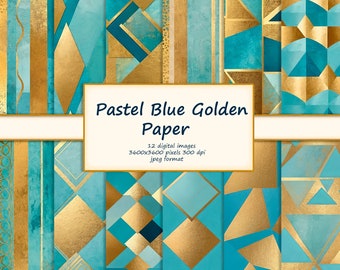 Craft Pastel Blue Digital Patterned Paper with Golden Shimmering Abstract Geometric Shapes, Metallic Seamless Repeat Pattern for Backgrounds