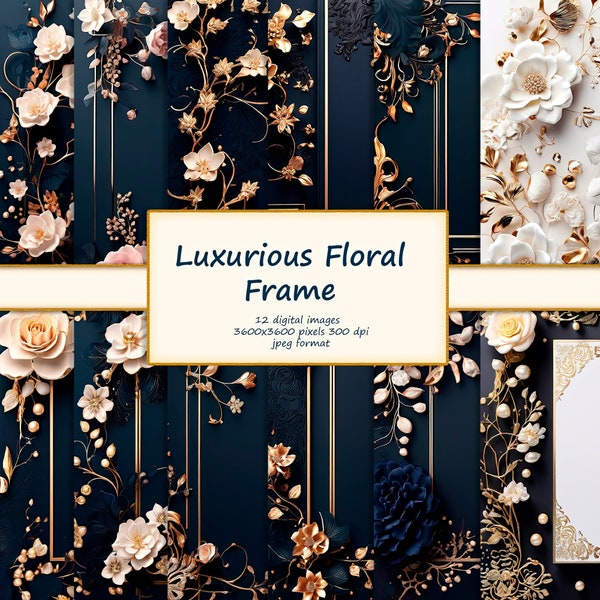 Luxurious Noir Floral Digital Background - Vintage Rose Frame with Gold Filigree for Branding, Weddings, Invitations