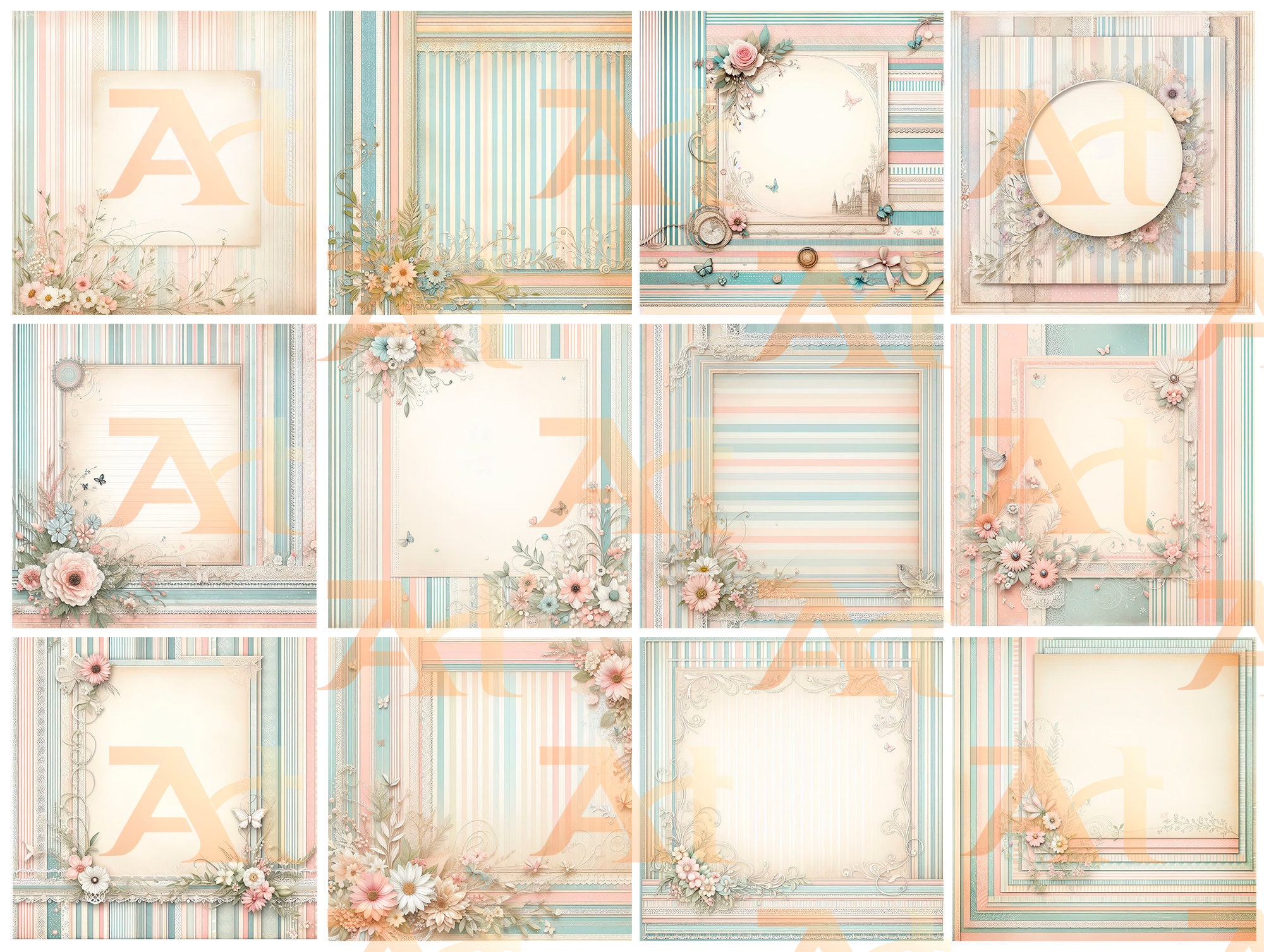 Shabby Ticking Stripe Digital Paper Pack Elegant Frames vintage ...