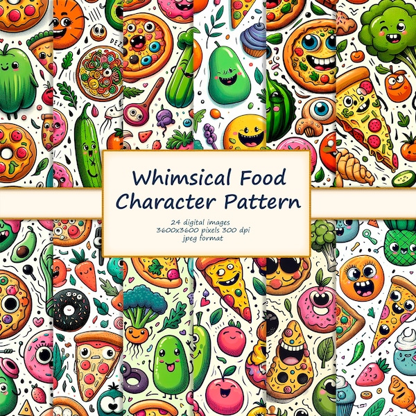 Quirky Silly Food Character Repeat Pattern - Grinning Pizzas, Winking Donuts & Playful Veggies - Kids Digital Print, Clipart for Crafters