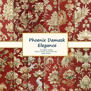 Carta da parati Imperial Phoenix Seamless - Motivo damascato con fenici stilizzate e fiori di loto in oro su sfondo rosso o bordeaux