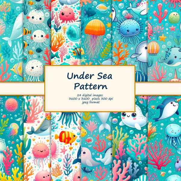 Playful Under the Sea Creature Pattern Pack, Narwhal Jellyfish Digital Papers,Bright Coral Backdrop-Ocean Theme Digital Art-Instant Download