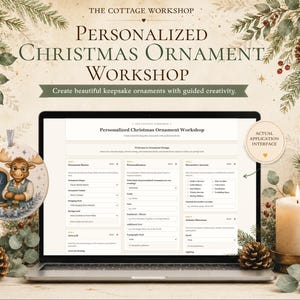 May include: A laptop displaying a website titled Personalized Christmas Ornament Workshop, featuring a digital interface for customizing ornaments. To the left, a round ceramic ornament shows a cartoon moose with the name Todd and year 2026.