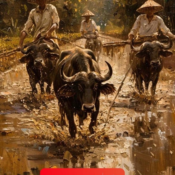 Thai farmers in the past used buffalo power to plow the land in order to plant rice. Oil paintings, digital products.