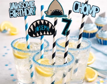 Shark Party Straws Set of 12, Shark Birthday Decorations, Shark Party, Under the Sea, Pool Party, Ocean Birthday