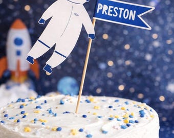 Personalized Astronaut Cake Topper, Space Birthday Cake Decor, Custom Name Outer Space Party, Rocket Birthday Decorations