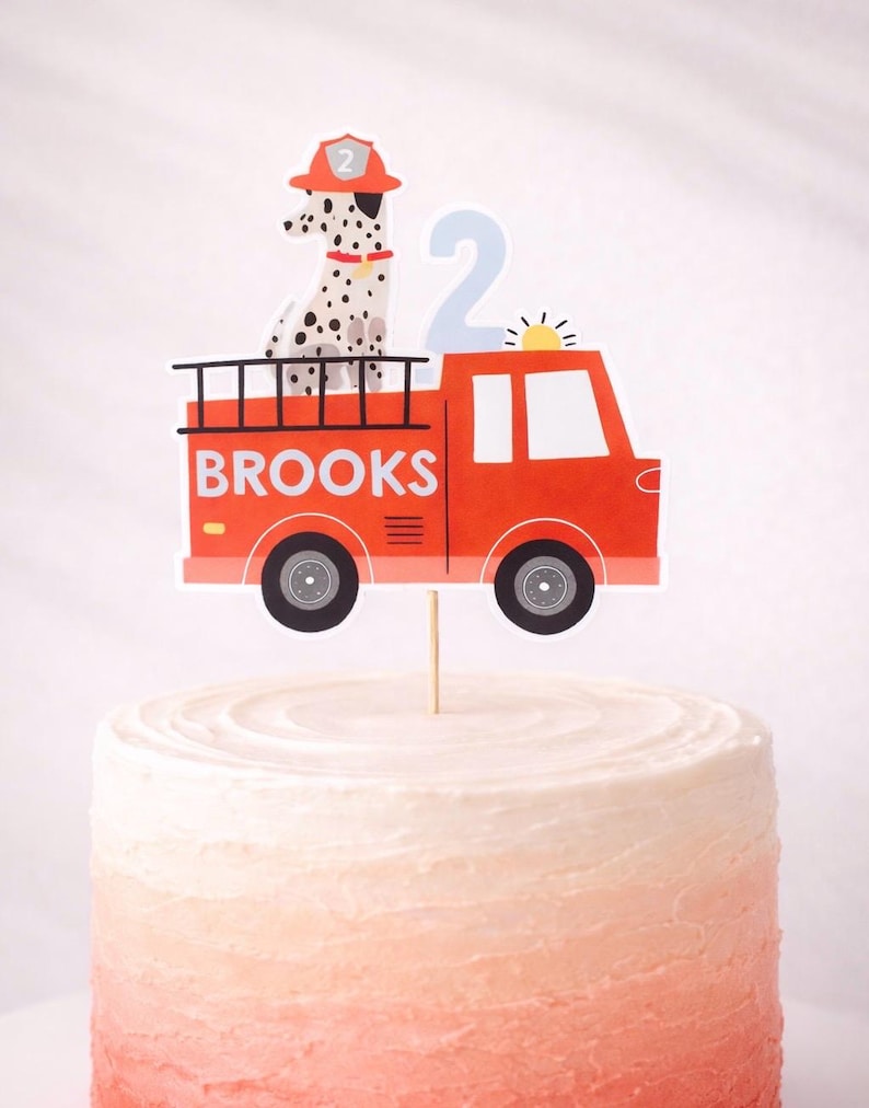 Firetruck Cake Topper - Personalized Fire Truck Birthday Cake Decor, Firefighter Party Custom Cake Topper, Fireman Birthday image 1
