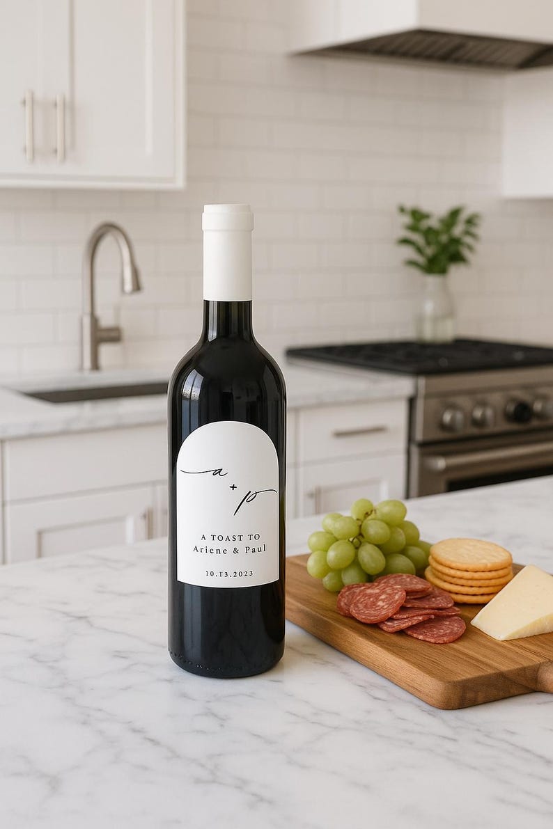 May include: A black wine bottle with a white label that reads "A Toast to Arlene & Paul" and the date 10.13.2023. The bottle is next to a wooden board with grapes, salami, crackers, and cheese. The kitchen has white cabinets and a stainless steel stove.