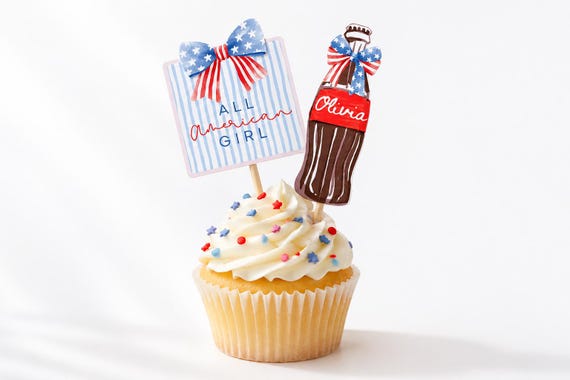 All American Girl Cupcake Toppers, All American Birthday, Red White and Due, 1st Birthday Girl, Fourth of July Birthday
