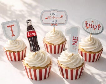 Decorazioni per cupcake a tema americano per bambino, festa di compleanno a tema americano, decorazioni per feste rosse, bianche e blu, primo compleanno, bambino che compie gli anni a luglio