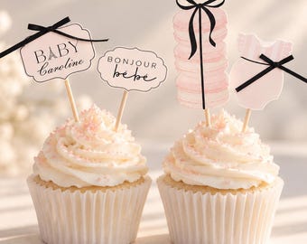 Décorations pour cupcakes « Bonjour Bébé », décoration de baby shower française, baby shower parisienne, décorations de baby shower rose et noire pour fille
