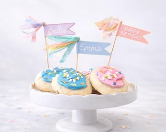 Custom Birthday Cupcake Toppers, Personalized Name Cupcake Toppers, Birthday Decorations, Streamer Cupcake Toppers, Princess Cupcake Toppers